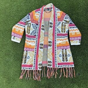 Torrid Fest Geometric Tribal Fringe Open Front Duster Cardigan Sweater 3XL XXX